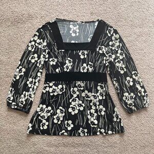 Vintage '90s Floral Black Babydoll Tie-Back Blouse Womens Size S Whimsigoth